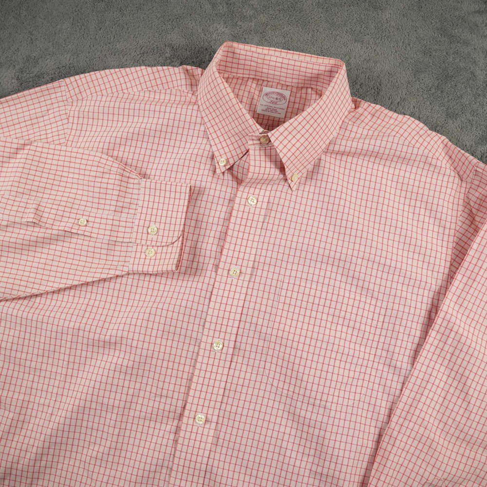 Brooks Brothers Shirt Mens 17.5 4/5 Orange White Tattersall Check Non-Iron Shirt